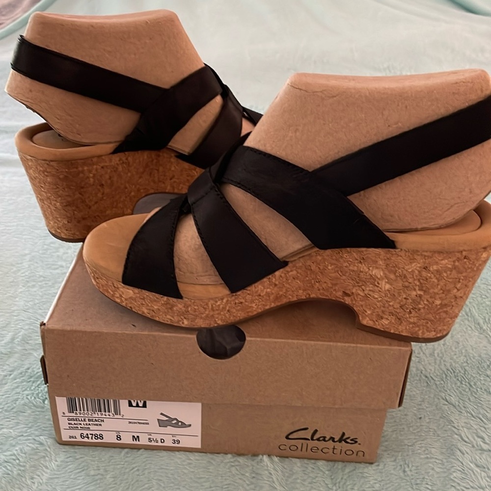Women’s Clark Giselle Beach Black Leather Cuir Noir 8 M BNWT #64788